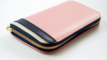 Pink leather zippered wallet with navy and cream accents