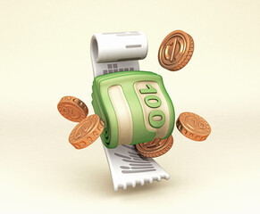 Cash, Coin and Receipt 3d render illustration of 3d icon. 3D render of stacked green banknotes and floating copper coins, arranged in front of a rolled-up receipt.