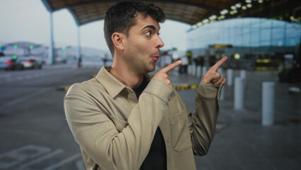 Man raises hands while pointing at signs in terminal beside young hispanic airport traveler looking...