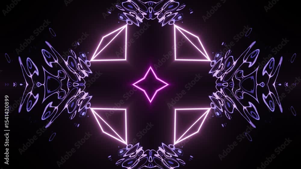 Poster dynamic neon kaleidoscope lines loop on black background. seamless loop animation of neon lines crea
