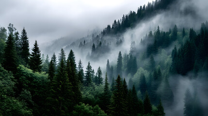 A cool-toned misty mountain forest in soft greens and greys, evoking a serene and vintage vibe through the fog-covered trees.
