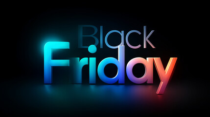 Black Friday Schriftzug in leuchtender Neonoptik mit bunten Farbverläufen auf schwarzem Hintergrund