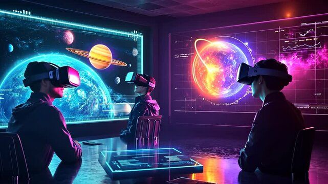 Men working in virtual reality room. VR headset displays galaxy space view. Planets orbit in futuristic cosmos. Technology shows space data. Men explore planets through VR headset simulation.