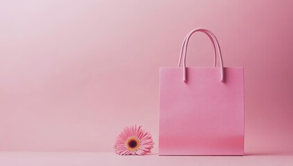 Pink shopping bag and flower on a pink background
