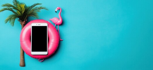 Summer Vibes with Smartphone, Flamingo, and Pool Float Decoration