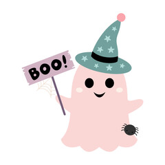Pink Halloween ghost clipart. Cute spooky seasonal character, Happy Halloween hand drawn vector illustration in cartoon flat style