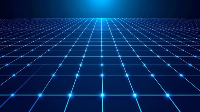 Abstract grid pattern of glowing blue lines and points on a dark background