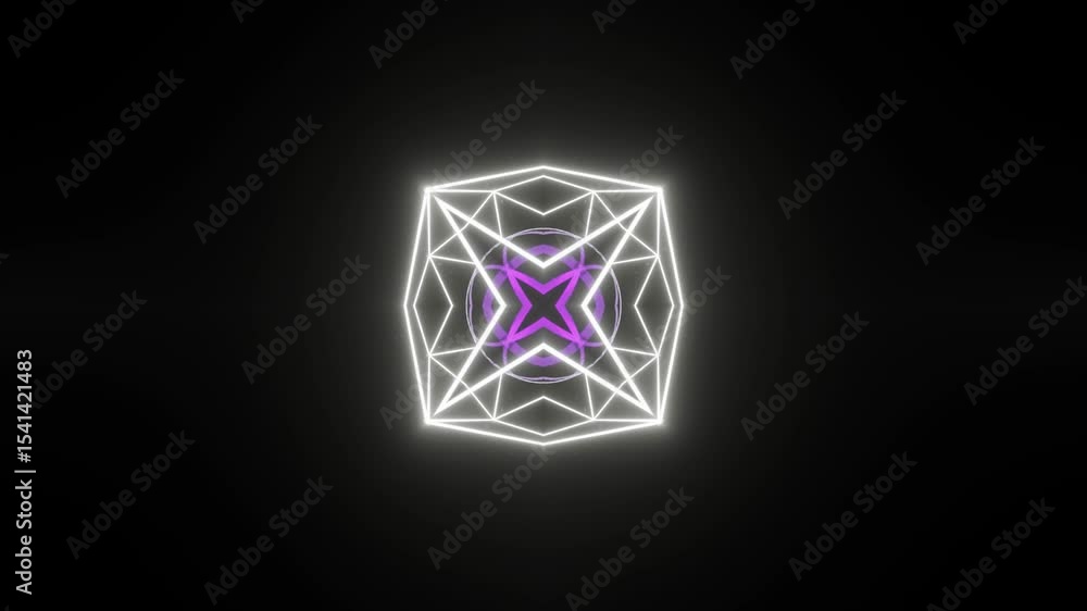 Poster neon kaleidoscope lines loop on dark background. seamless loop of glowing neon lines forming kaleido