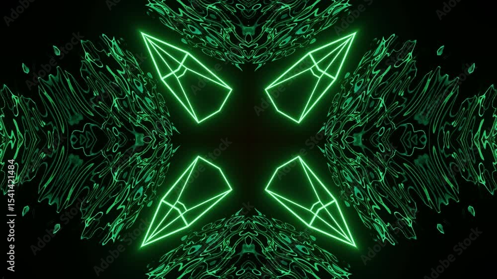 Poster neon kaleidoscope seamless loop with central focus. bright glowing neon lines forming kaleidoscopic 