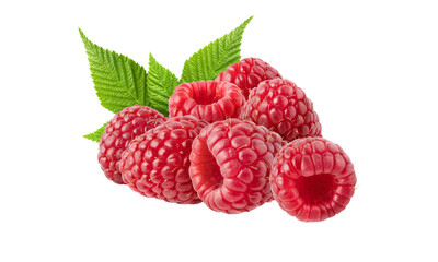 Fresh Ripe Raspberries with Green Leaves Isolated on Transparent Background