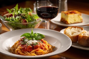 Italian dinner with a plate of spaghetti al pomodoro topped with fresh basil and grated Parmigiano, a side of crusty bread, a glass of red wine.