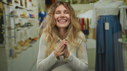 Woman raises hands while clapping in a store, her blonde young look bright with smile and joyful...