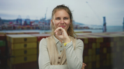 Woman touches hand thinking posture in port as blonde young intern oversees container shipping...