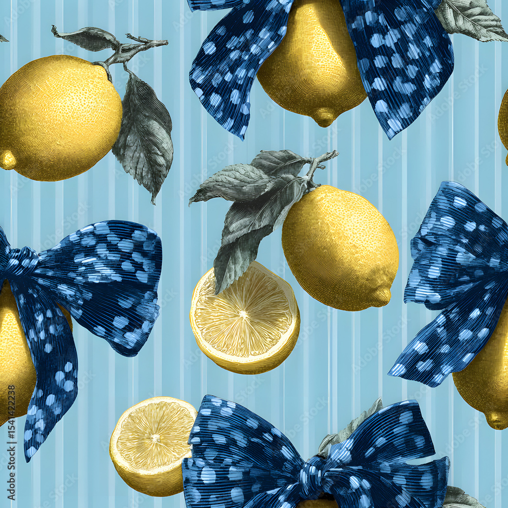 Poster beautiful vector seamless checkered pattern with bows and lemons. composition with vintage bows and 