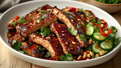 Spicy glazed ribs, topped with peanuts and herbs, served with a cucumber salad