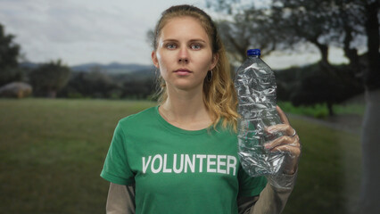 Blonde woman bottle holding outdoors plastic volunteer recycling awareness ecology conservation...