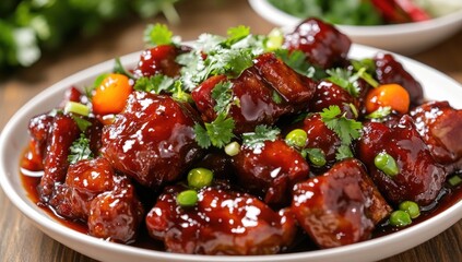 Plate of savory, glazed pork cubes