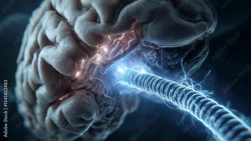 Poster neural energy pulsing through connected cable, illuminating hippocampus brain region with glowing li