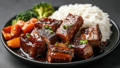 Plate of glazed cubes of meat, rice, and roasted vegetables