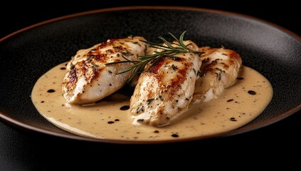 Three grilled chicken breasts in a creamy sauce, garnished with rosemary