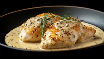 Two cooked chicken breasts, bathed in creamy sauce, topped with fresh rosemary sprigs, sit on a dark plate