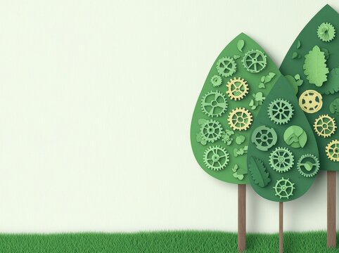 Eco-Friendly Concept with Paper Trees and Gear Elements in Green