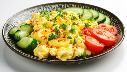 Scrambled eggs with cucumber and tomato
