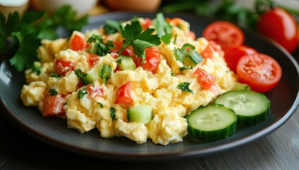 Scrambled eggs with vegetables on a plate