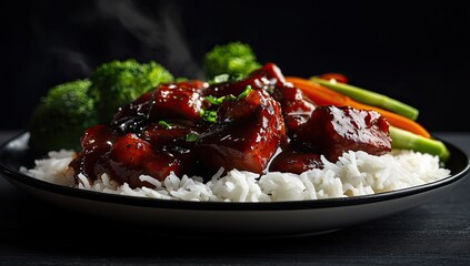 Plate of savory, glazed meat over rice, with steamed vegetables