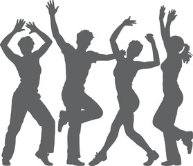 Four Grey Silhouettes of People Dancing Joyfully Arms Raised in Upbeat Energetic Poses White Background