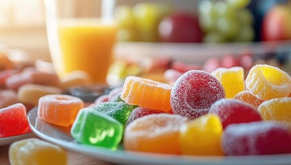 Close-up of colorful jelly candies on a plate, with a glass of orange juice and other fruits in the background