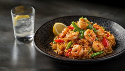 Shrimp and vegetable fried rice on dark plate, with glass of water