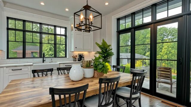 Modern farmhouse kitchen with large windows and dining area
