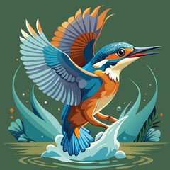 Vibrant kingfisher with spread wings emerging from water banner ad