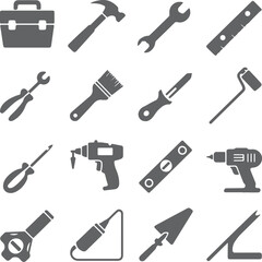 Gray Silhouette Icons Set of Construction Tools Hammer Wrench Screwdriver Paintbrush Trowel Level Drill Toolbox Pliers