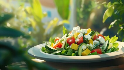 Fresh salad on a plate outdoors. Sunlight filters through foliage