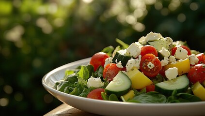 Close-up of a vibrant salad. Fresh, colorful salad with mixed greens, diced tomatoes, cucumber, feta cheese, and yellow bell pepper.  Sunlight highlights the bounty