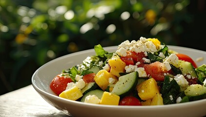 Colorful salad on a plate, outdoor setting