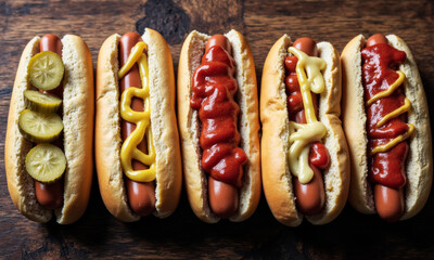 Top-Down View of Classic Hotdogs Lined Up with Condiments and Pickles
