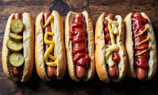 Top-Down View of Classic Hotdogs Lined Up with Condiments and Pickles