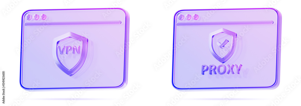 Poster 3d set of glass holographic browser window with vpn shield and proxy server icon render. data encryp
