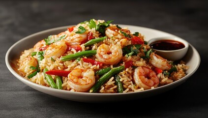 Plate of shrimp fried rice with a side of sauce.  A generous mound of mixed rice, shrimp, green beans, and red peppers,  cooked and seasoned, sits on a light gray plate.  