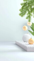 Elegant christmas scene with gold ornaments and snowy pine branches