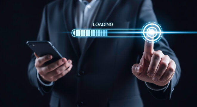 Loading progress bar business technology concept with smartphone and digital interface design