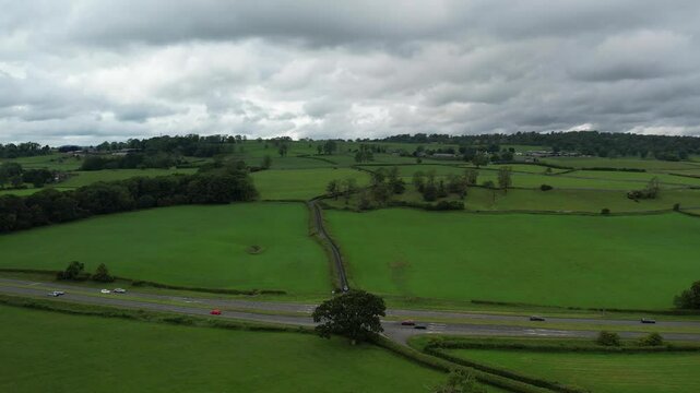 High Angle Footage of Village Countryside Landscape at Near Kendal Town, Lake District of England United Kingdom. Drone Camera Footage Was Captured on June 13th, 2025