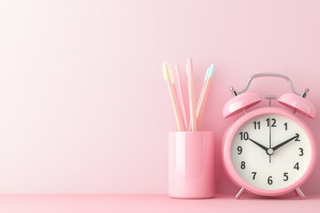 Pink Alarm Clock and Pastel Pens on Trendy Soft Pink Background