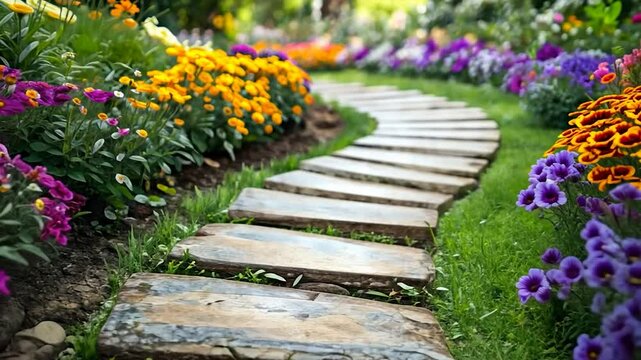 Winding stone path through vibrant flower garden
