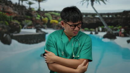 Young man in green uniform looking cold by the resort poolside during a crisp day at an outdoor...