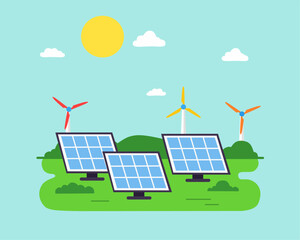 illustration of solar panels and wind turbines on a green field under a sunny sky, symbolizing clean, renewable, and sustainable energy production