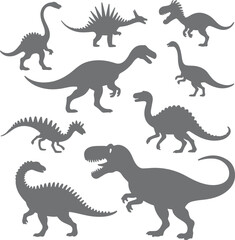 Gray Dinosaur Silhouettes Collection Various Prehistoric Creatures Grey Scale Vector Illustration Set Different Types of Dinosaurs Prehistoric